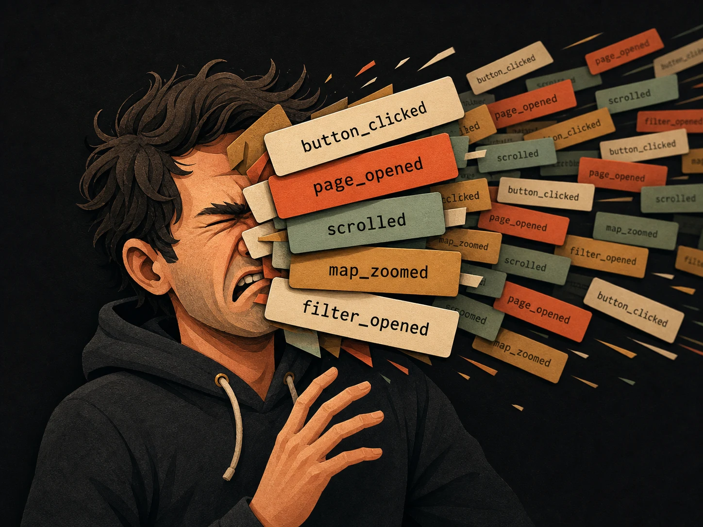 An overwhelmed developer being hit in the face by a stream of analytics event labels