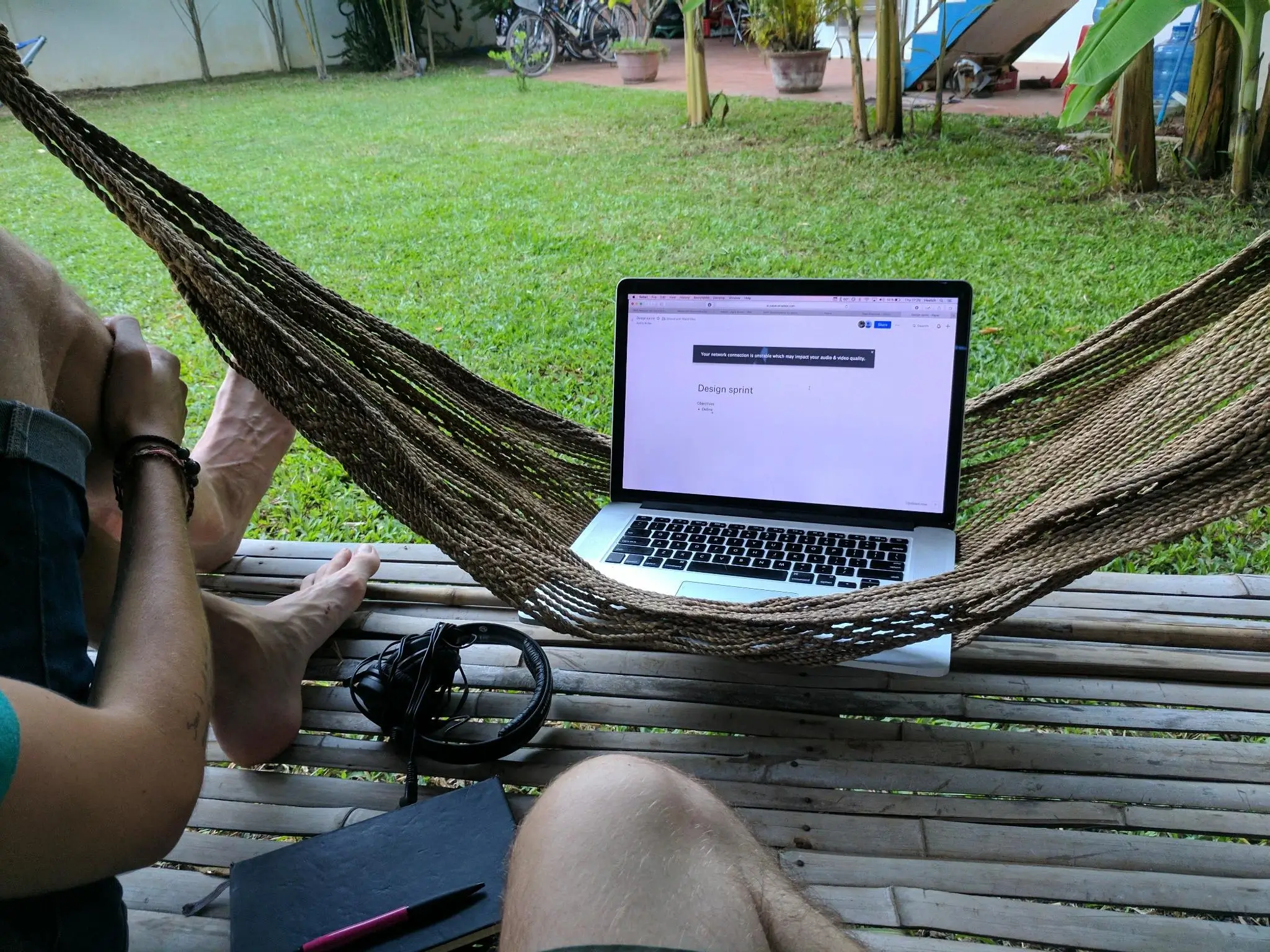 A laptop resting in a hammock at AngkorHUB in Siem Reap