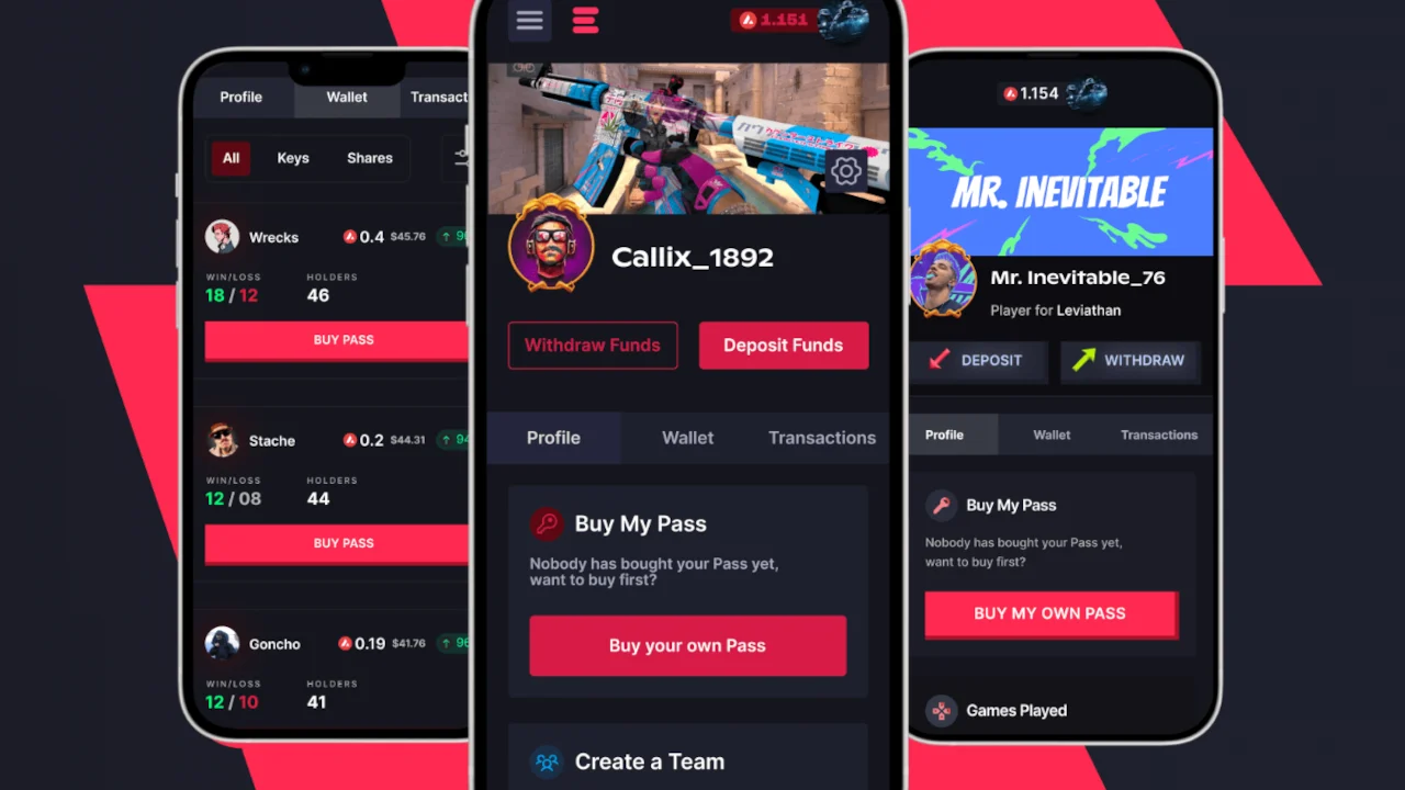 Battle.Tech mobile product screens showing player profiles, wallets, and a Counter-Strike inventory
